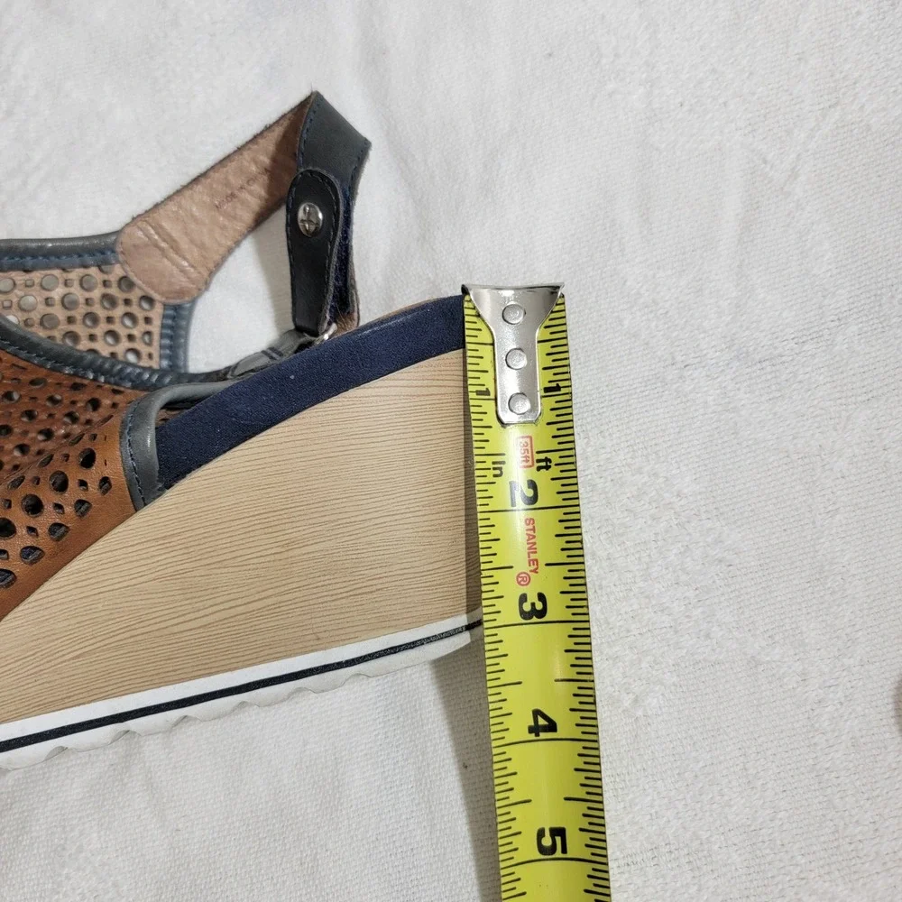 Pikolinos Bali Wedge Sandals Brown Blue Perforated Leather Peep Toe EU 41‎ US 10